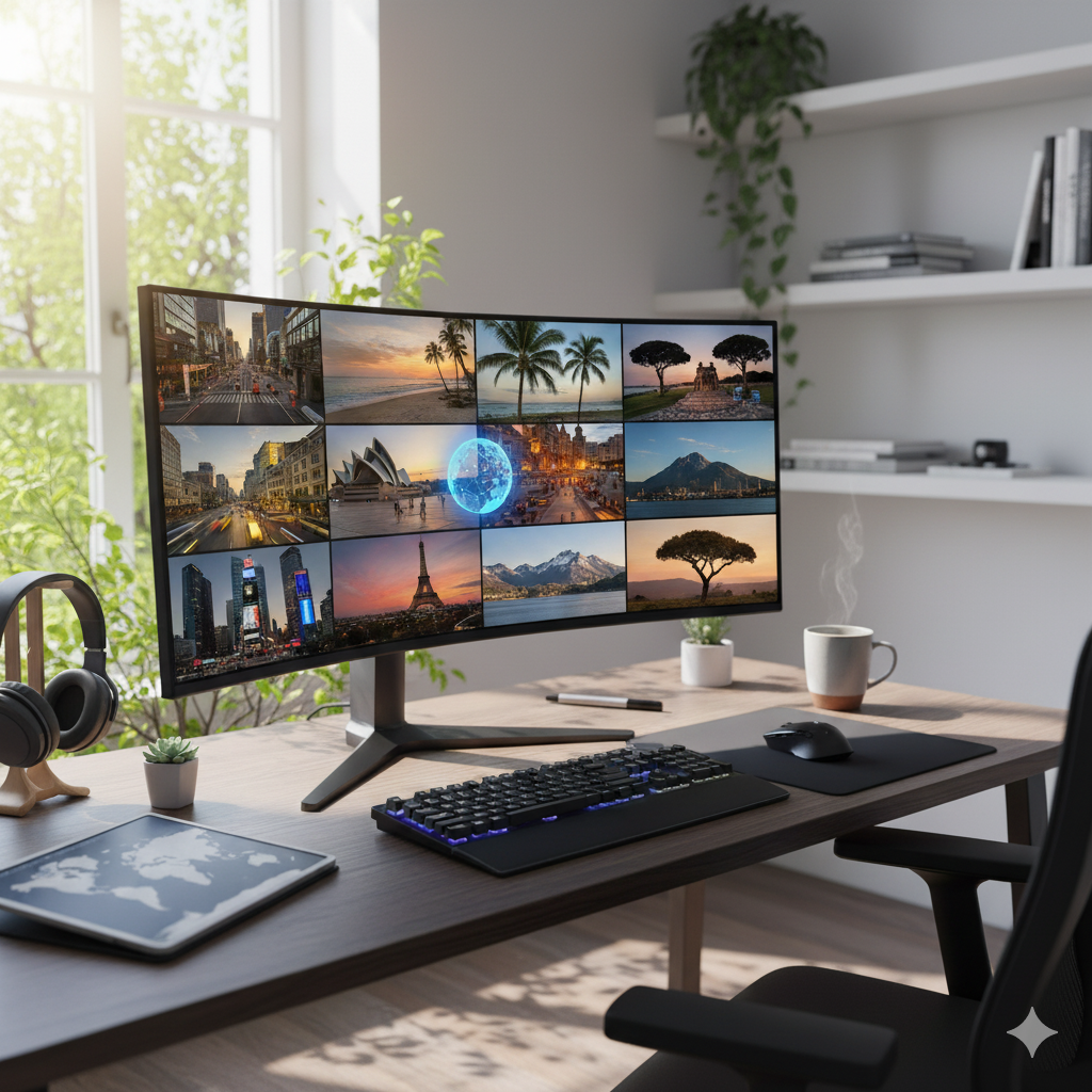 A modern desk with a curved monitor displaying a grid of live webcam feeds from various global locations, including cityscapes, beaches, and landmarks. Sunlight streams through a large window showing green trees outside, creating a bright and inviting home office environment. A keyboard, mouse, headphones, and a tablet with a world map are also visible on the desk, suggesting connectivity and exploration.