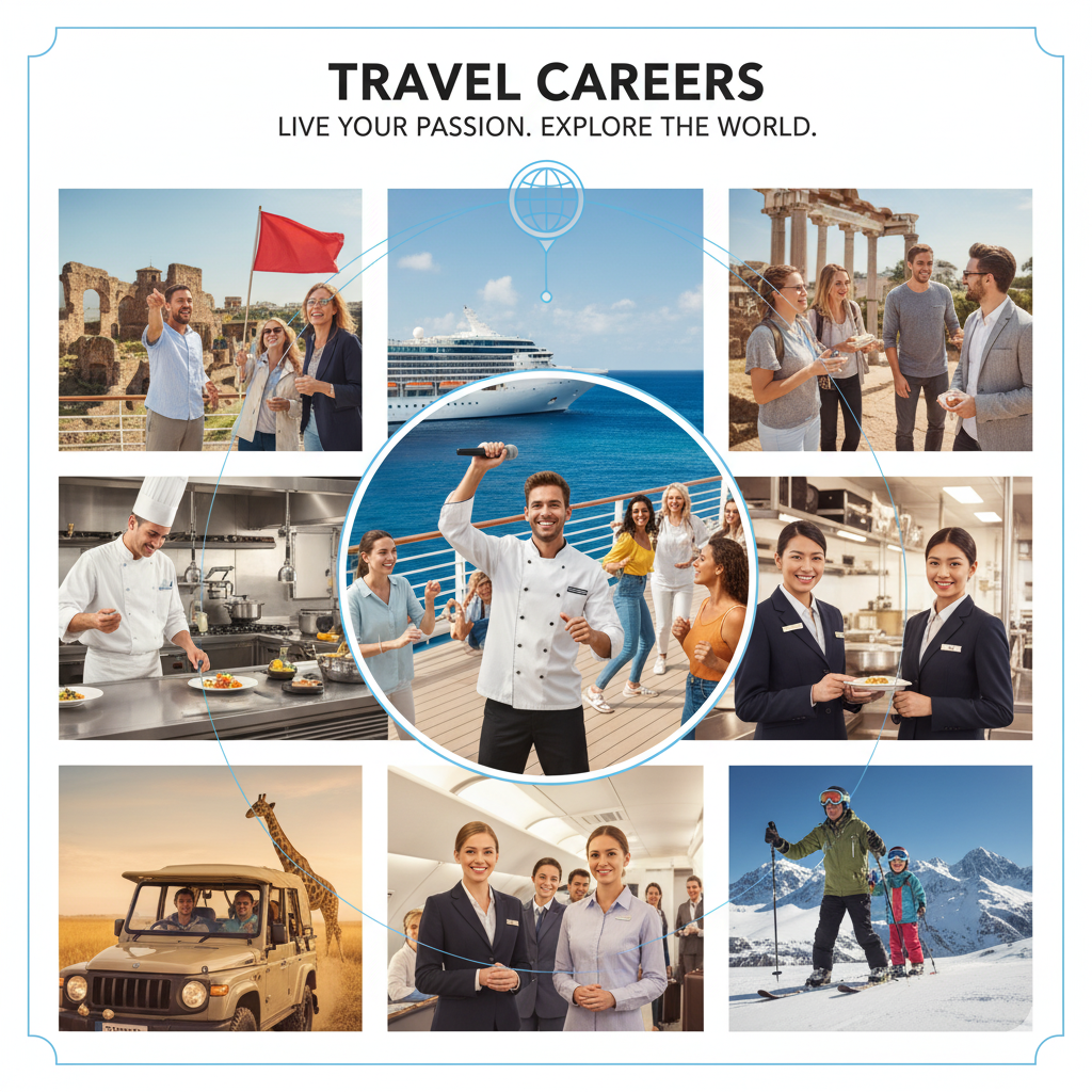 A dynamic collage of diverse professionals thriving in the tourism industry, offering a comprehensive travel toolkit for job seekers. It features scenes like a cruise ship animator entertaining guests, a chef in a busy kitchen, flight attendants, hotel staff serving food, a tour guide leading visitors, and people enjoying adventure tourism like a safari and skiing. The central globe icon with a network symbolizes global job opportunities and connection in travel. This image inspires and showcases various career paths within the travel sector